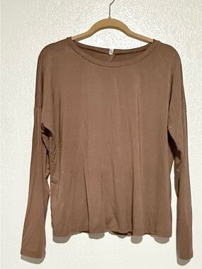 Women’s Twist Back Knot Back Long Sleeves Brown Jersey Knit Fabric Top Size XL